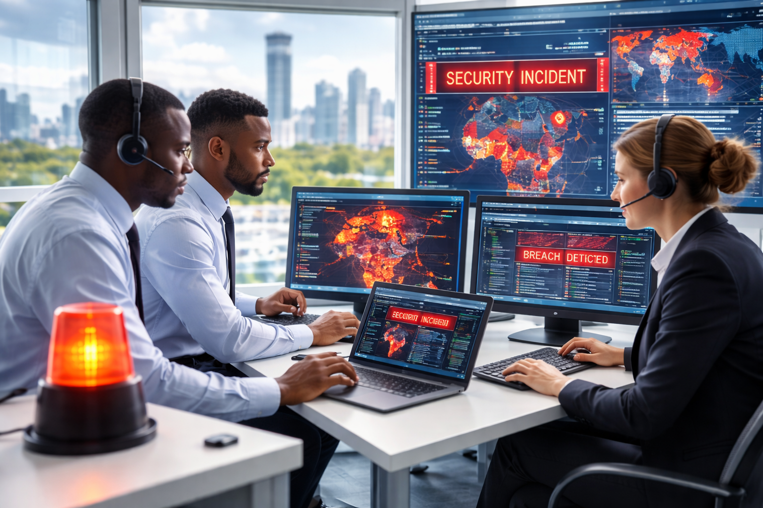 Cybersecurity incident response team monitoring alerts and coordinating containment
